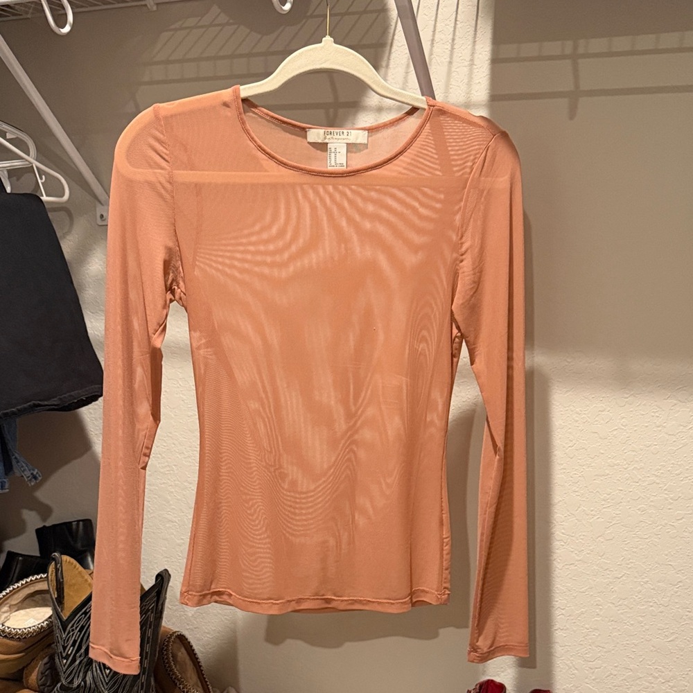 Forever 21 Sheer Coral Long Sleeve Top